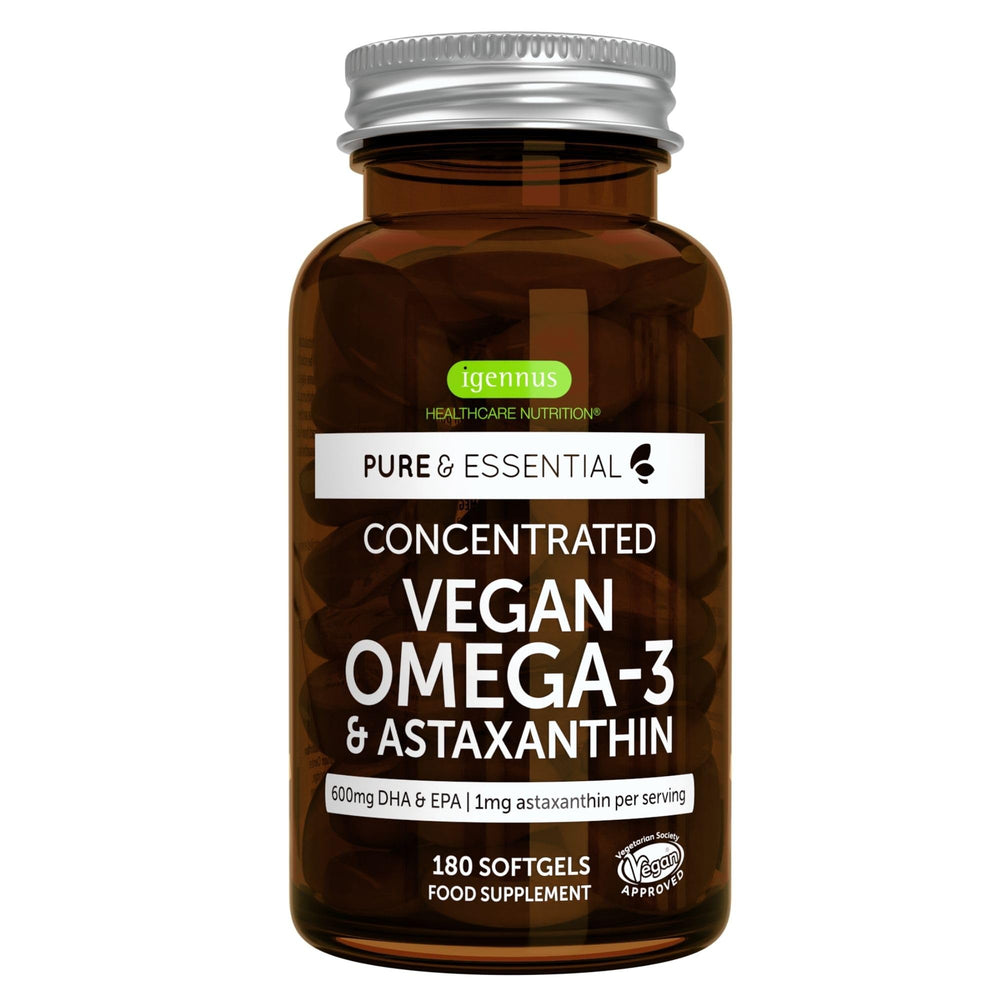 Igennus Vegan Omega-3 algae oil bottle front showing eco-friendly design.