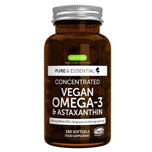 Igennus Vegan Omega-3 algae oil bottle front showing eco-friendly design.