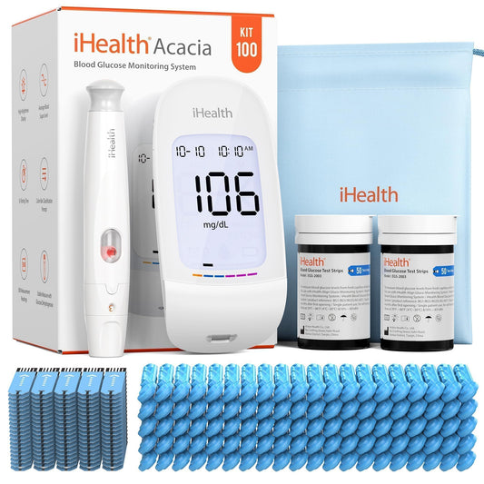 iHealth Acacia blood glucose monitor with clear display for quick at-home testing.