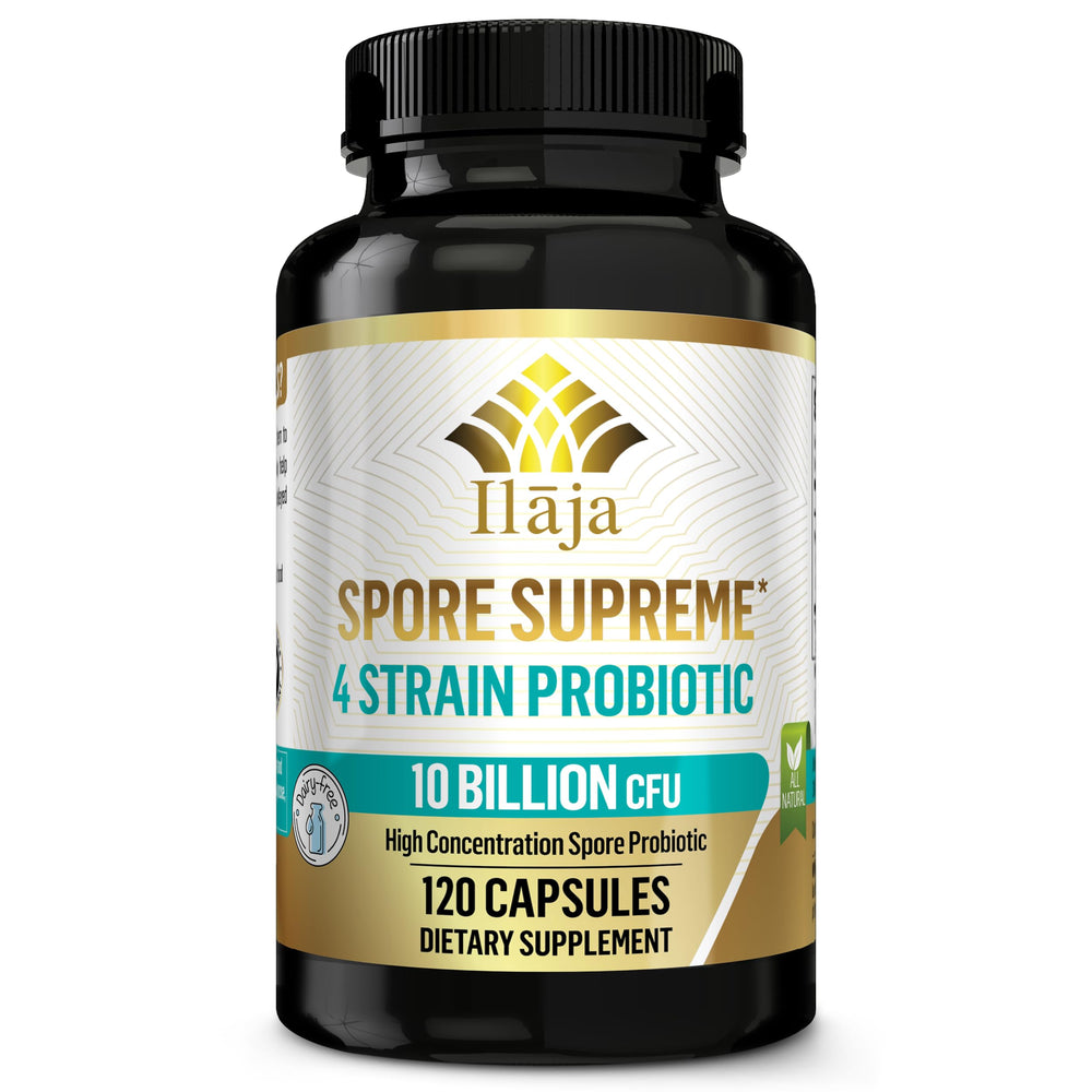ILAJA Spore Supreme bottle front displays 10 Billion CFU for gut support.