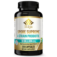 ILAJA Spore Supreme bottle front displays 10 Billion CFU for gut support.