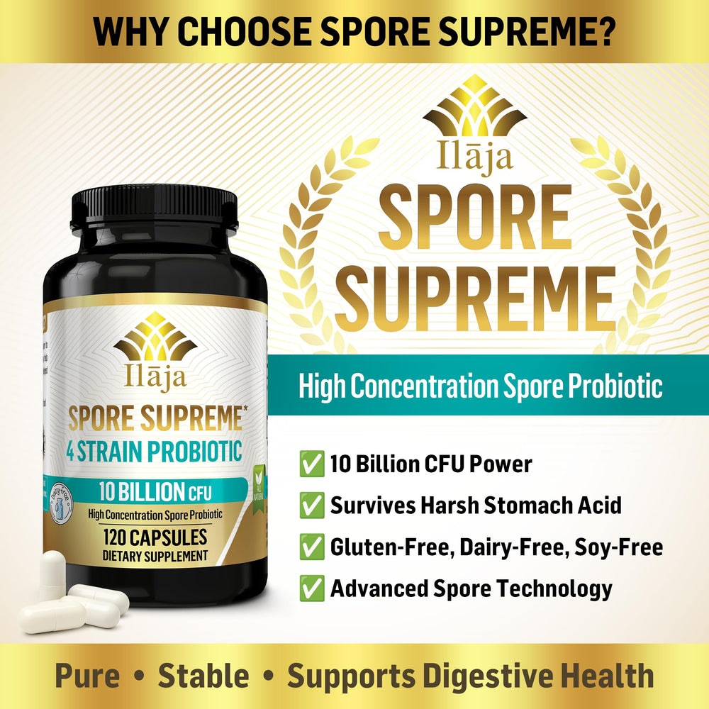 ILAJA Spore Supreme bottle label notes dairy-free, vegan, and gluten-free formula.