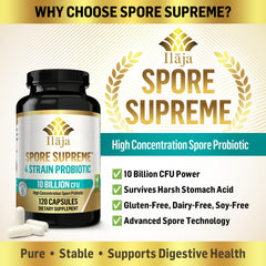 ILAJA Spore Supreme bottle label notes dairy-free, vegan, and gluten-free formula.