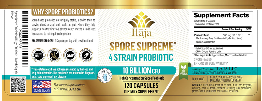 ILAJA Spore Supreme USA-made seal shows quality assurance and COAs available.