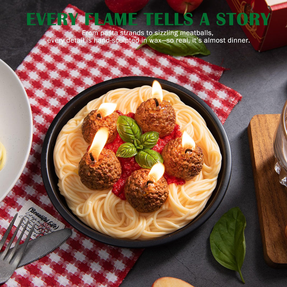 ilikepar meatball spaghetti candle textured surface for lifelike presentation.