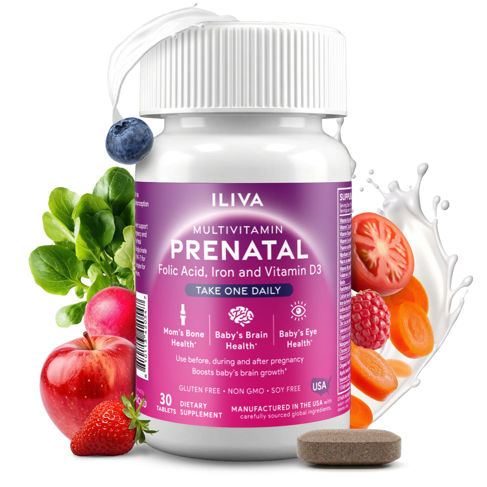 ILIVA prenatal vitamins bottle with capsules emphasizing folate and mineral support