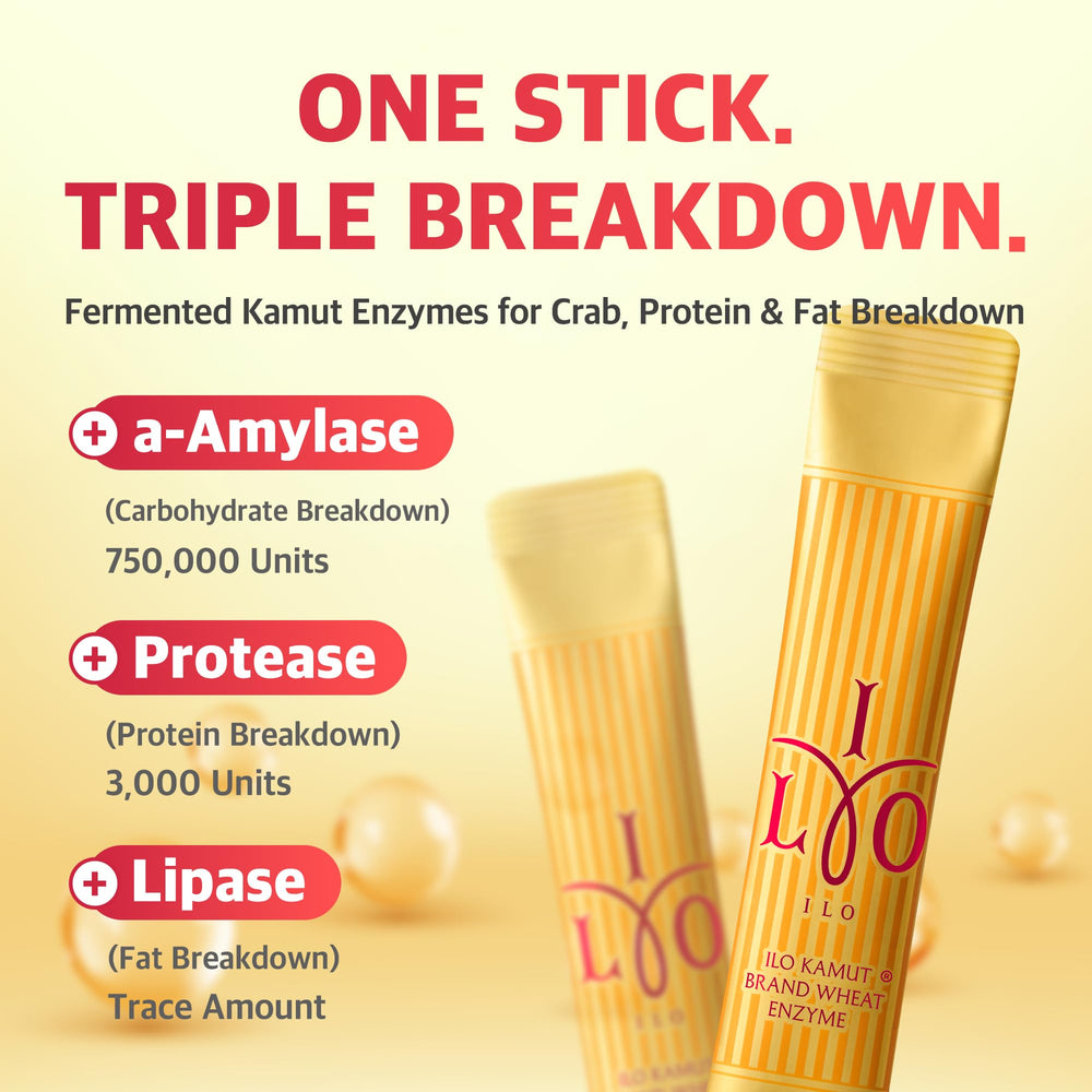 ILO Kamut Enzyme Complex stick-pack, perfect for on-the-go post-meal use.