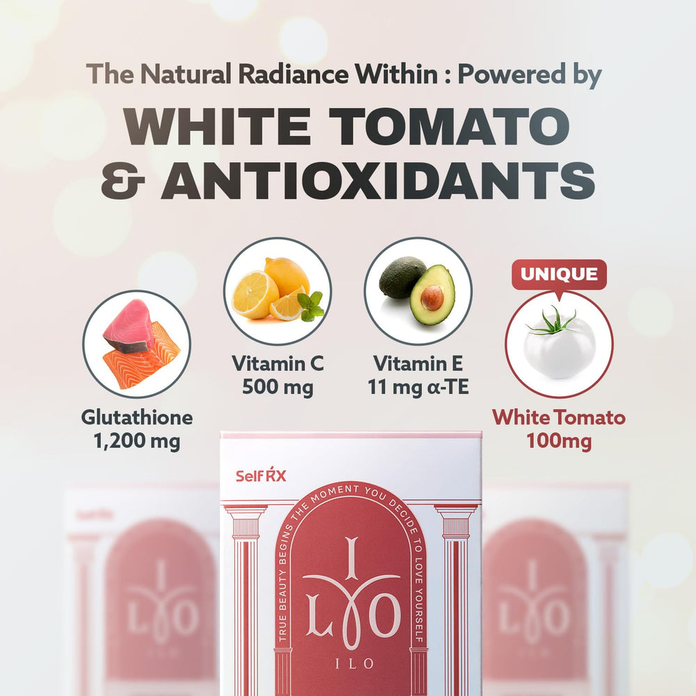 Close-up of ILO Whitathione powder highlighting vitamin C and E