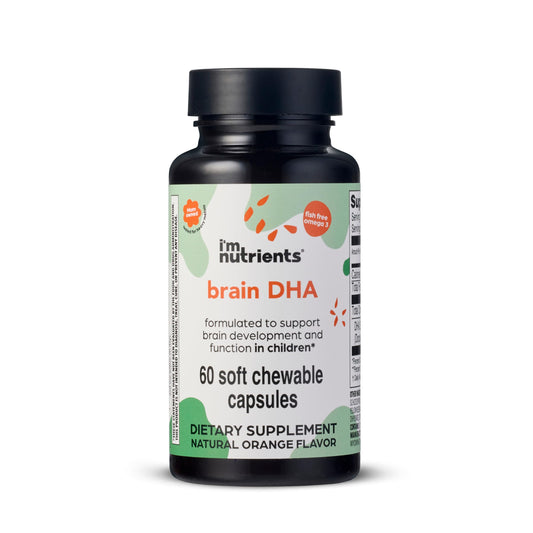 I'm Nutrients Brain DHA bottle showcases kid-friendly packaging and daily omega-3 support.
