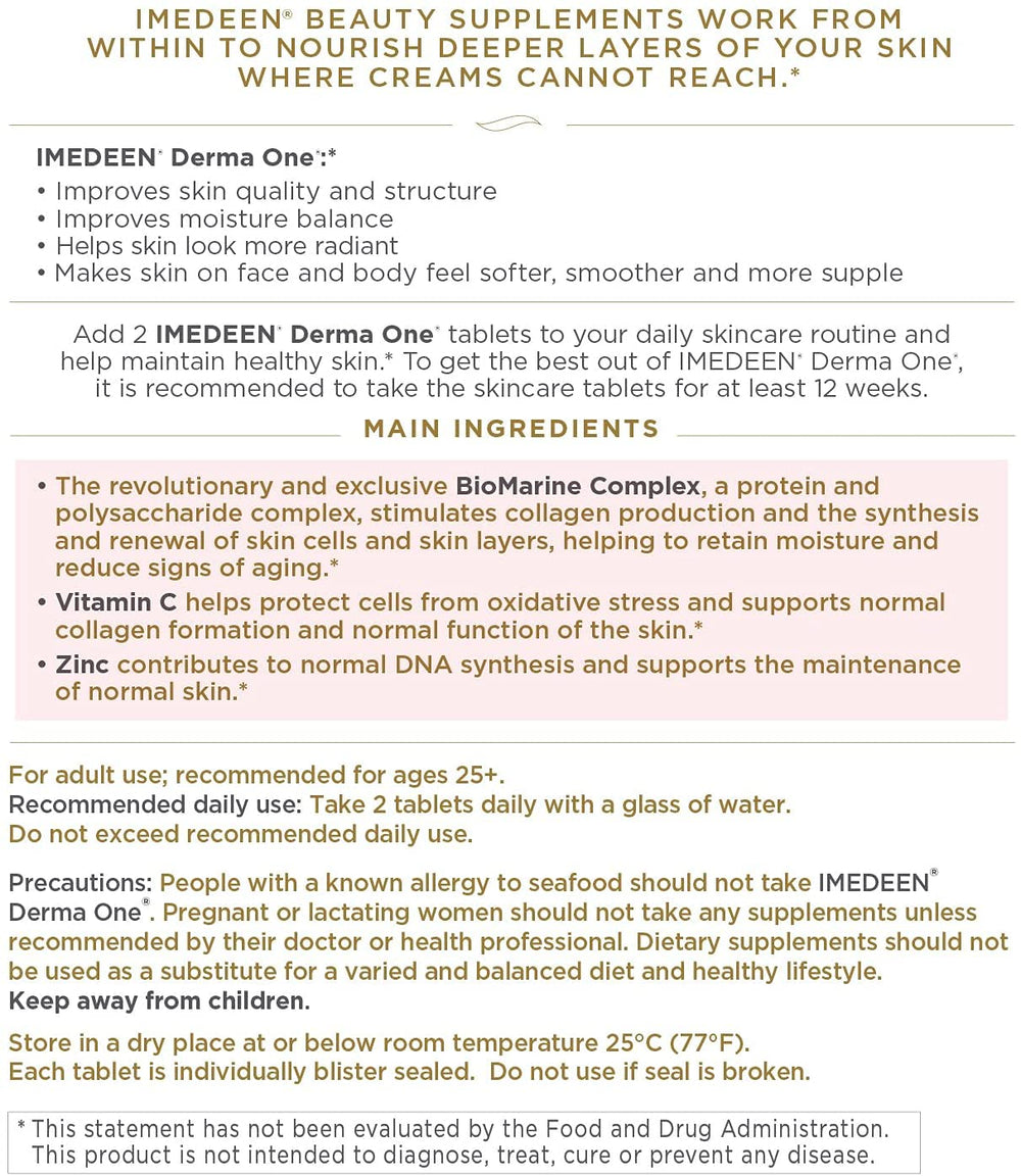 Imedeen Derma One packaging display showing Marine Complex and antioxidants.