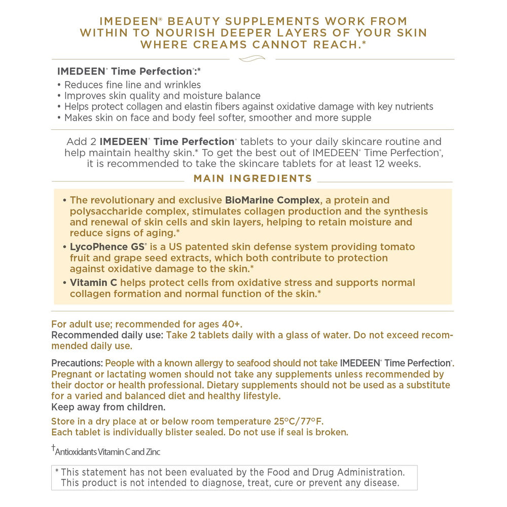 Close-up of Imedeen Time Perfection label highlighting premium skincare ingredients