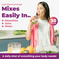 Imix MultiAbsorb serving glass with powder dissolving easily in a beverage.