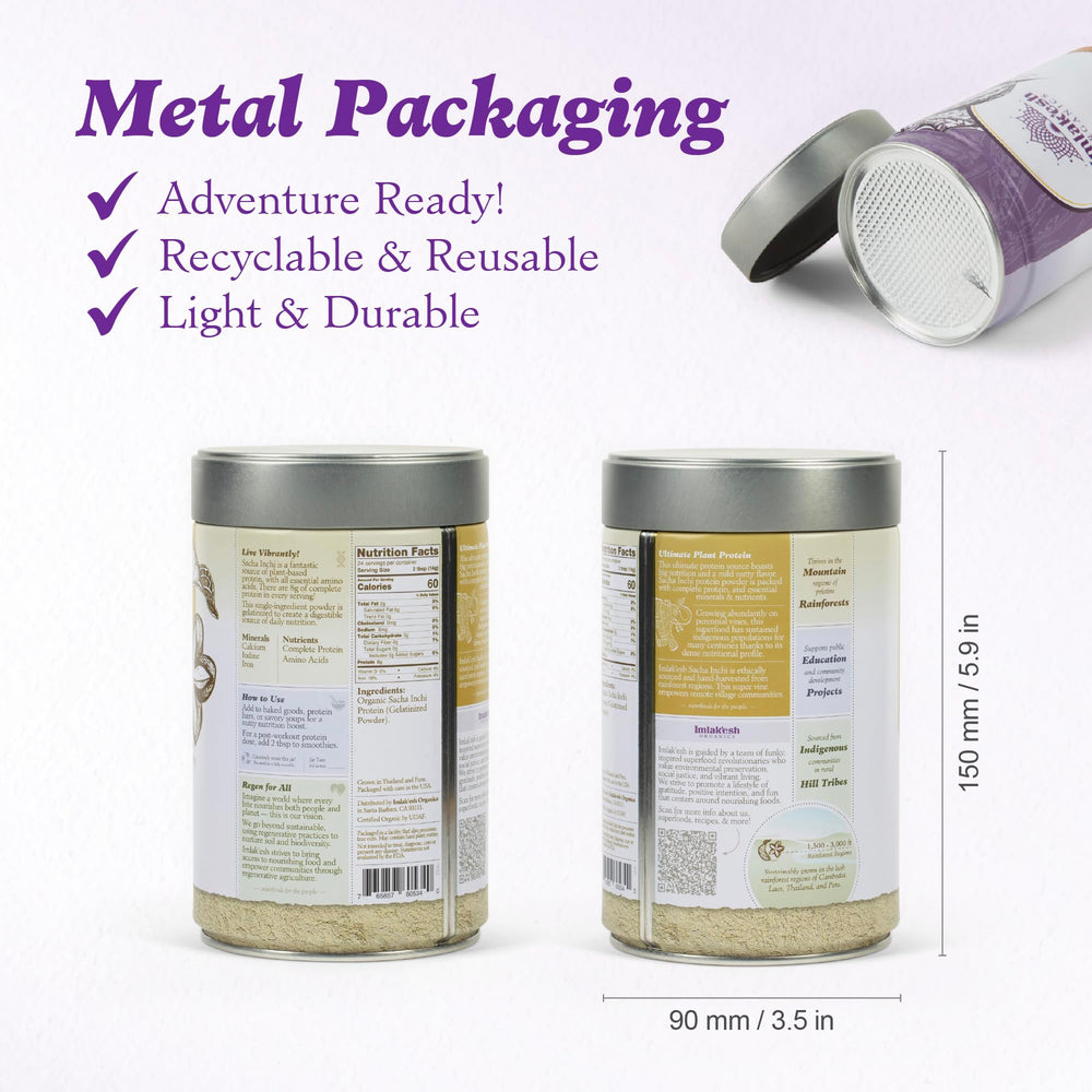 Imlak'esh Organics Sacha Inchi Protein metal jar packaging preserves freshness and is recyclable.