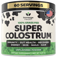 Immerge Health Super Colostrum powder bottle ready for daily gut support.