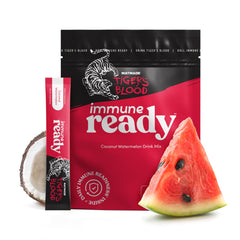 Immune Ready electrolytes packets pour into a glass for refreshing coconut-watermelon hydration.
