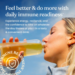 Peach Mango Immune Ready drink close-up showing refreshing flavor.