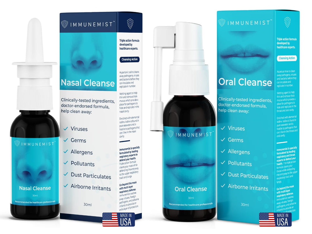 ImmuneMist nasal iodine spray bottle for quick nasal cleansing.