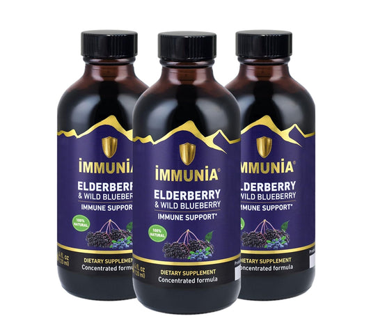 Immunia Elderberry & Wild Blueberry Concentrate bottle on a clean kitchen shelf, supporting daily immune health.
