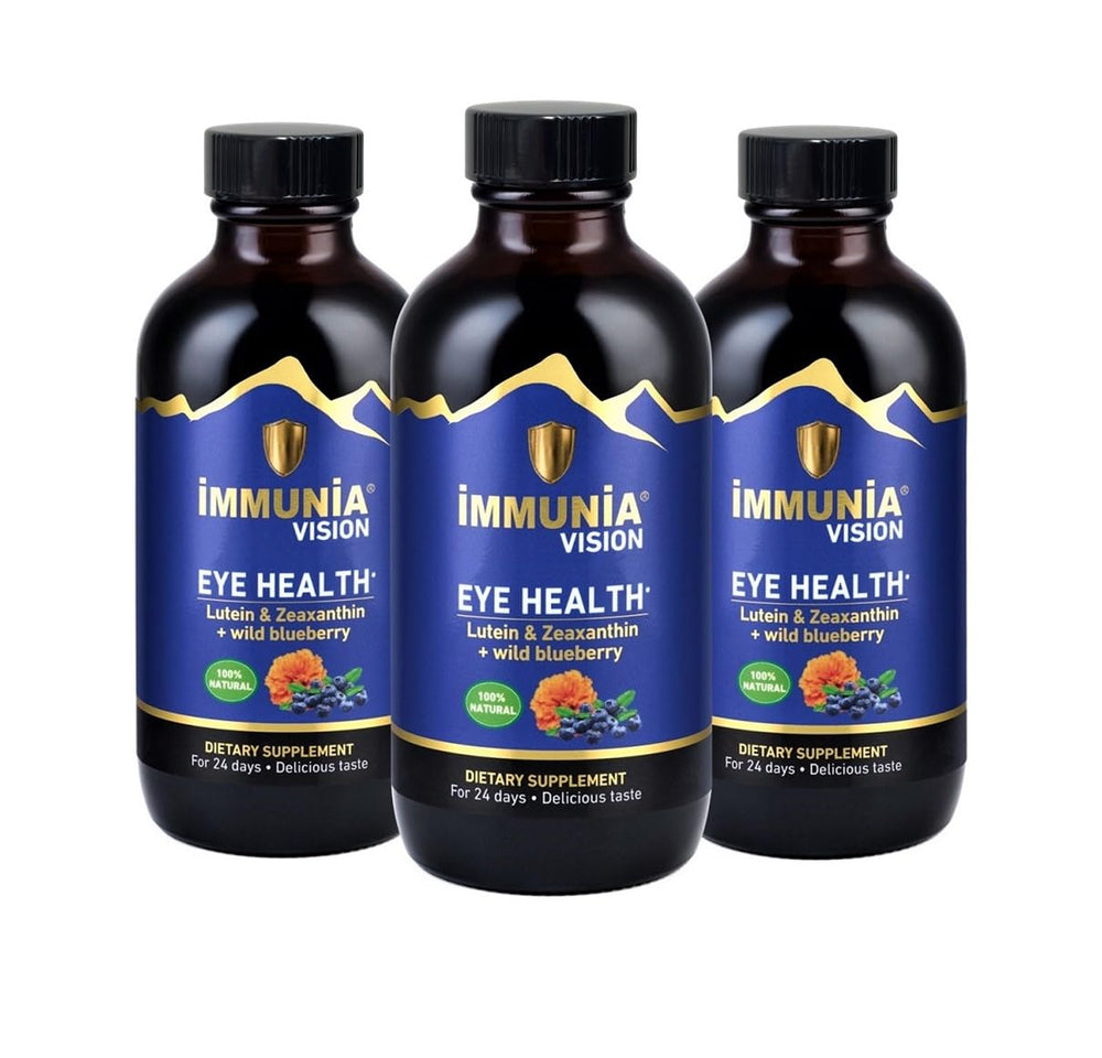 Immunia Vision bottle pouring; convenient daily eye support.