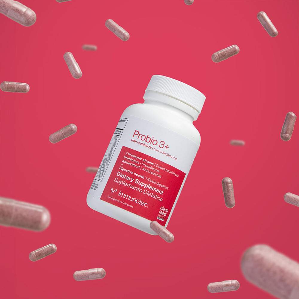 Immunotec PROBIO 3+ capsules closeup for easy daily probiotic intake.