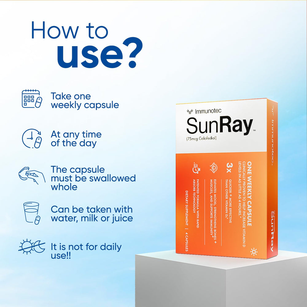 Immunotec Sunray capsule closeup shows smooth soft gel and uniform dosing form.