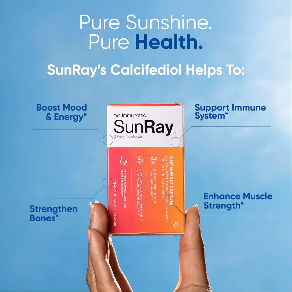 Immunotec Sunray capsules ready for weekly supplementation supporting mood and bone health.