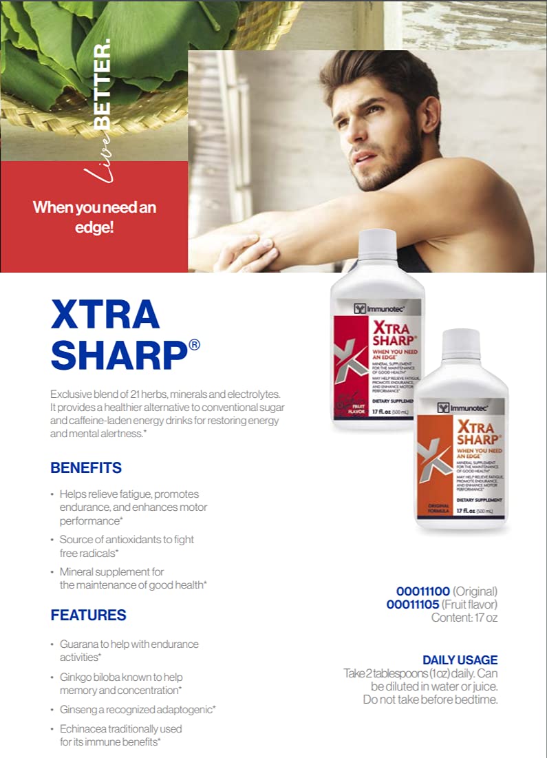 Immunotec Xtra-Sharp Fruit Flavor pour glass demonstrates quick hydration and mental focus.