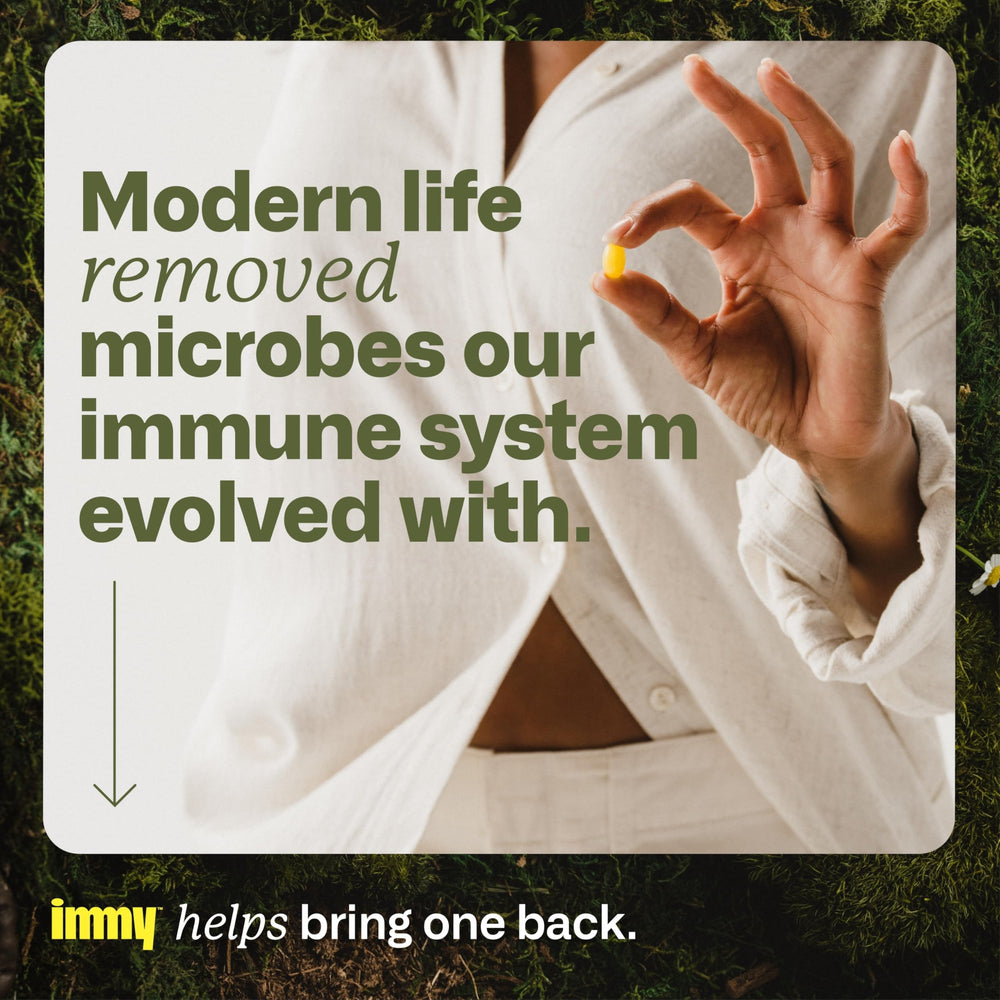 IMMY immune supplement packaging box shows natural, dairy-free formula.