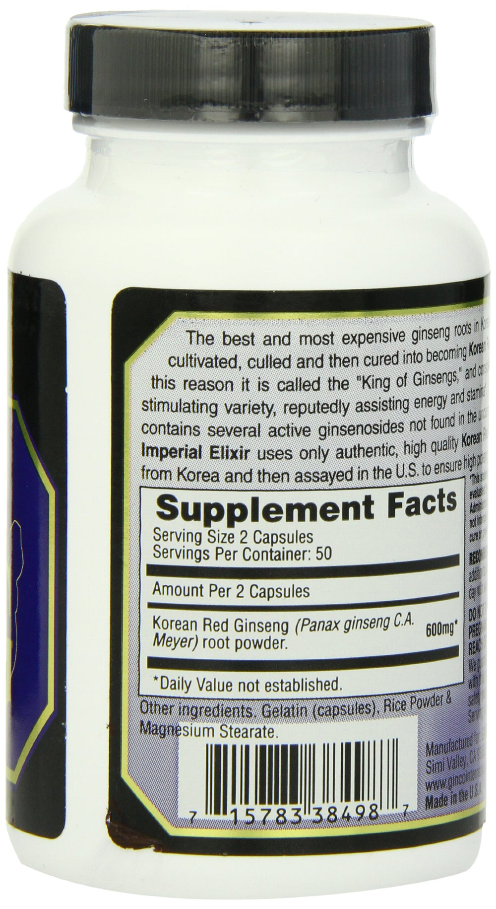 Imperial Elixir Korean Red Ginseng 600 mg bottle back label with usage directions