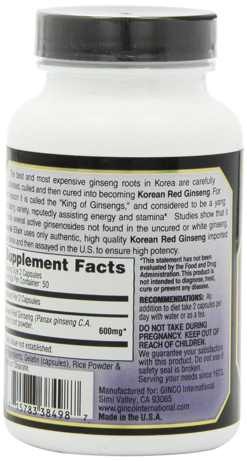 Imperial Elixir Korean Red Ginseng 600 mg capsules closeup for daily supplement