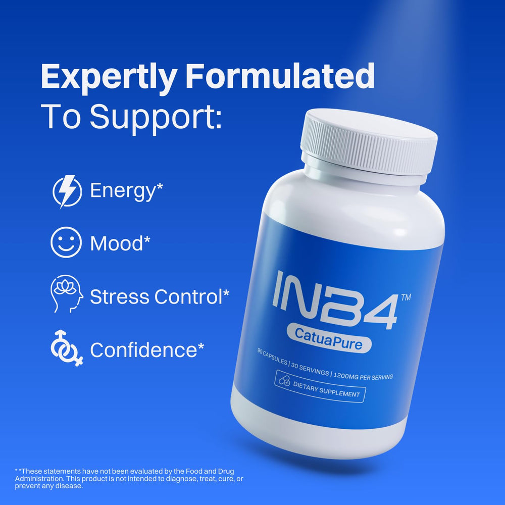Close-up of INB4 capsules highlights CatuaPure formula for mood support.