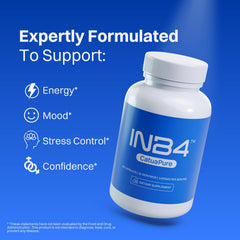 Close-up of INB4 capsules highlights CatuaPure formula for mood support.