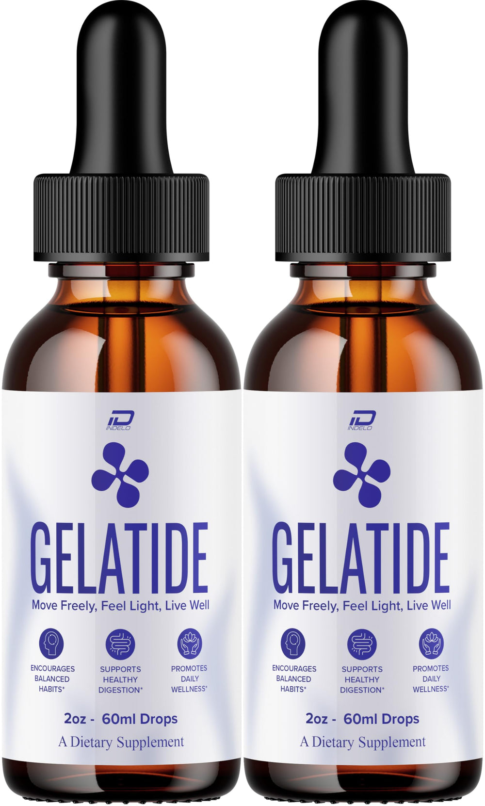 Indelo Gelatide Drops en botella de dos meses para uso diario.