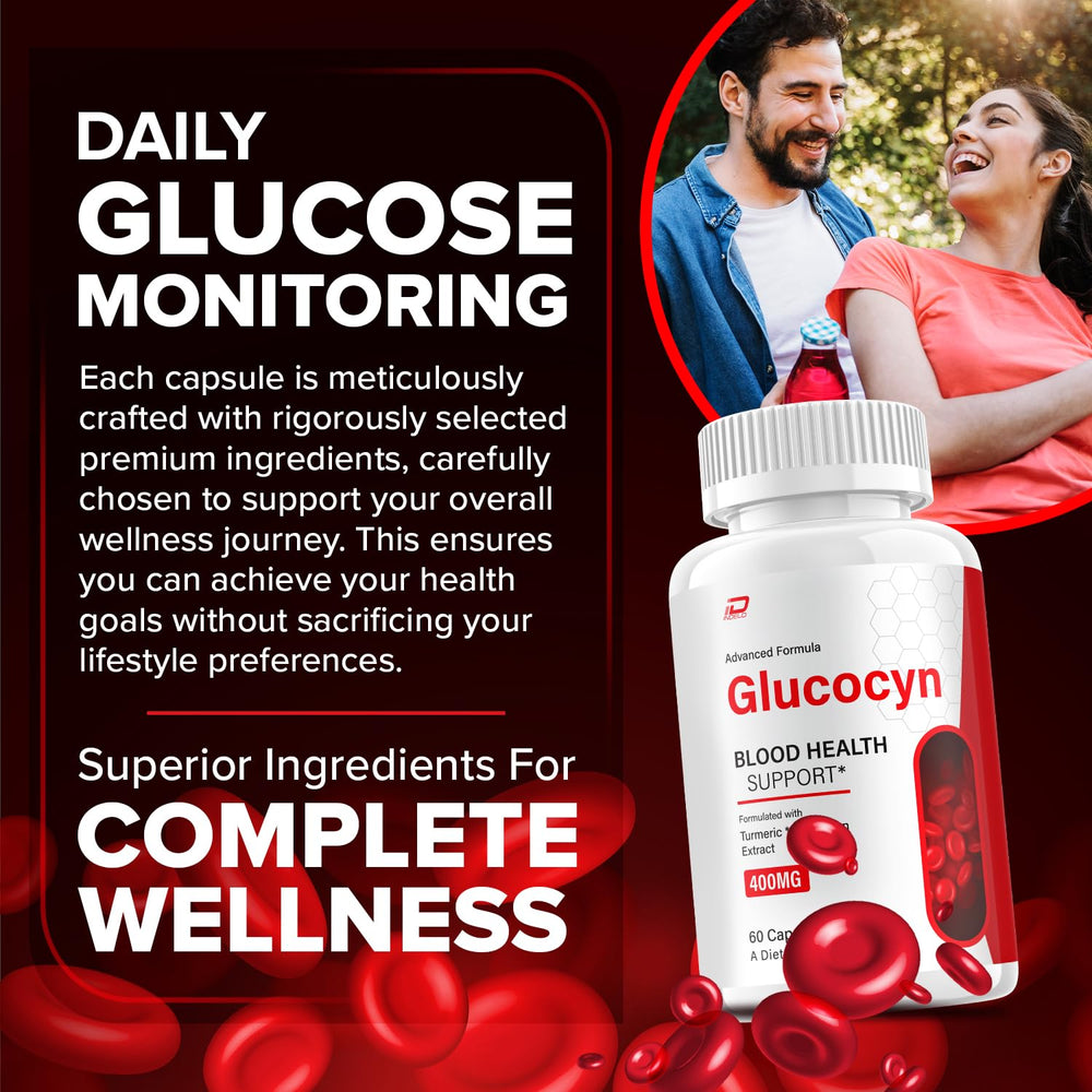 Indelo Glucocyn bottle front view highlights natural ingredients and label.