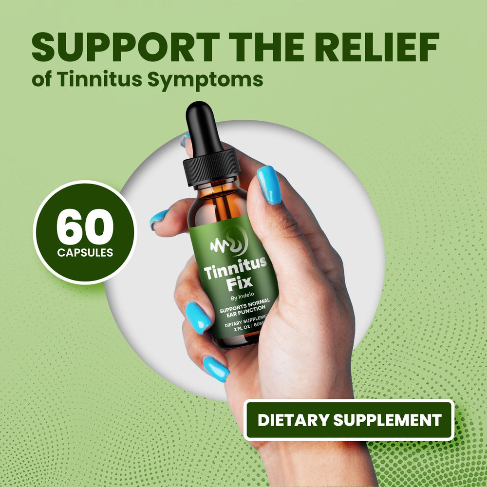 Indelo Tinnitus Fix Drops bottle being poured for easy daily use.