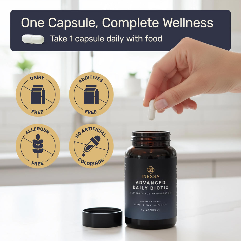 Inessa Daily Biotic packaging box signals easy daily probiotic routine.
