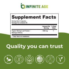 Infinite Age 1000mg moringa capsules bottle ready for daily use.