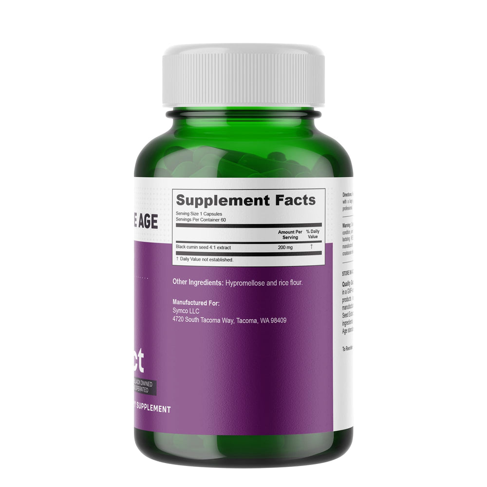 INFINITE AGE black seed capsules closeup, highlighting potent dry extract for easy consumption.