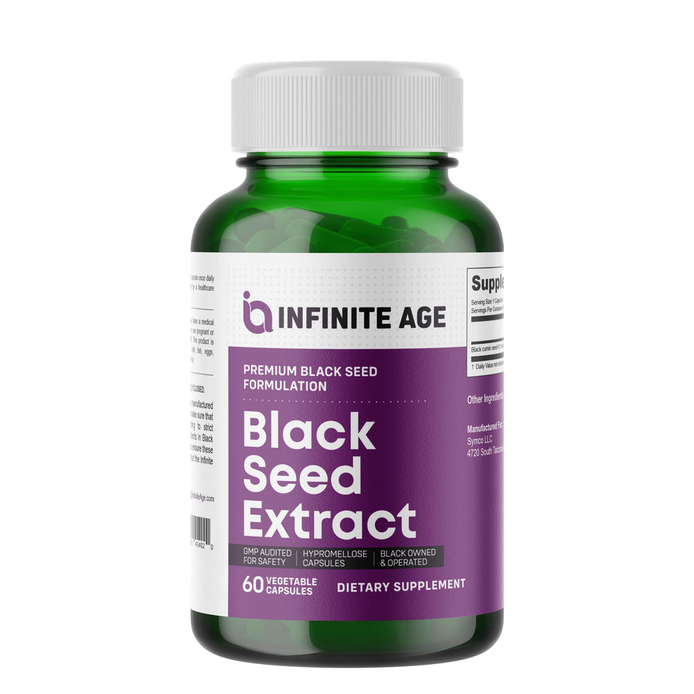 INFINITE AGE dry black seed capsules bottle, convenient daily dose for daily wellness support.