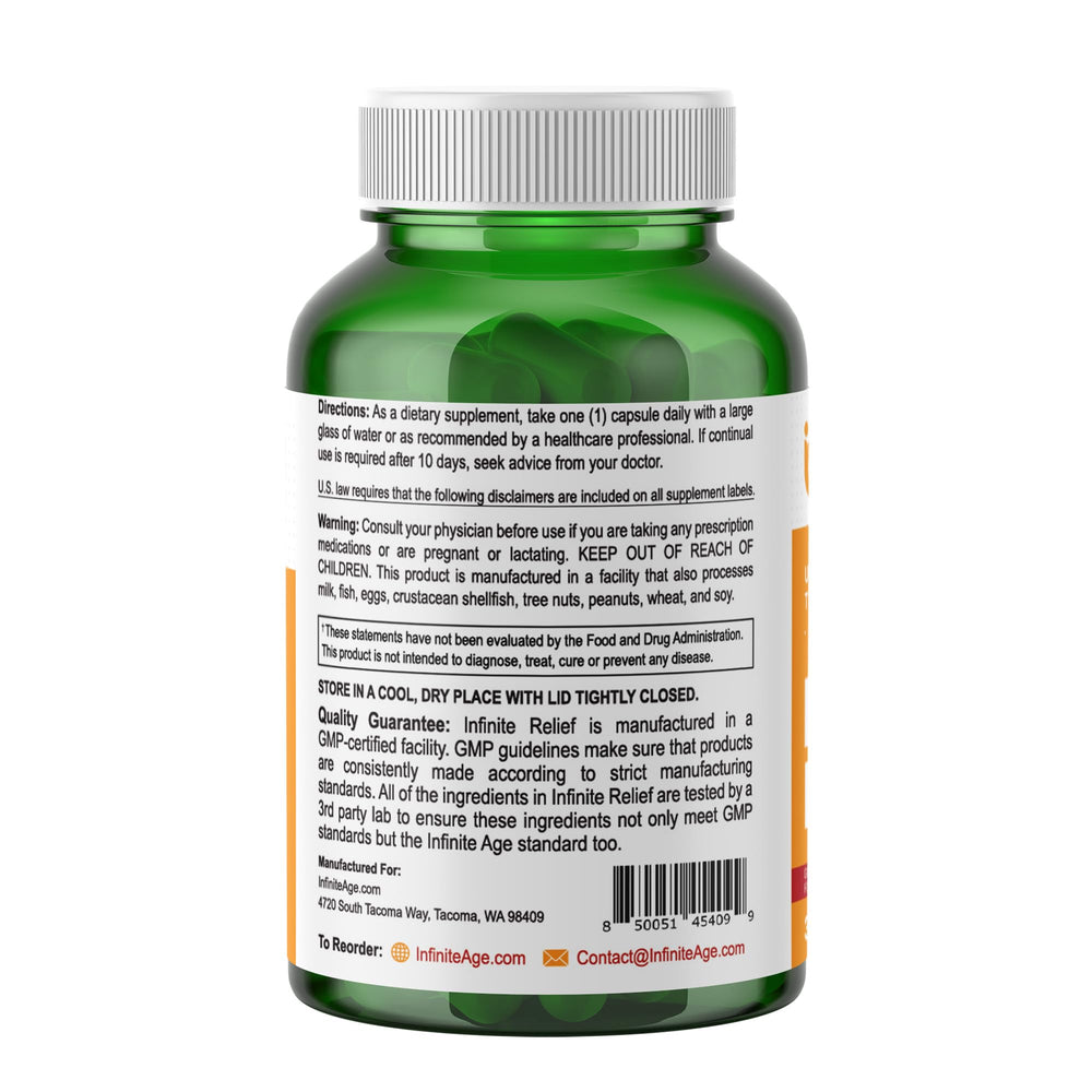 INFINITE AGE Infinite Relief ingredients panel emphasizes all-natural vegan gluten-free formulation