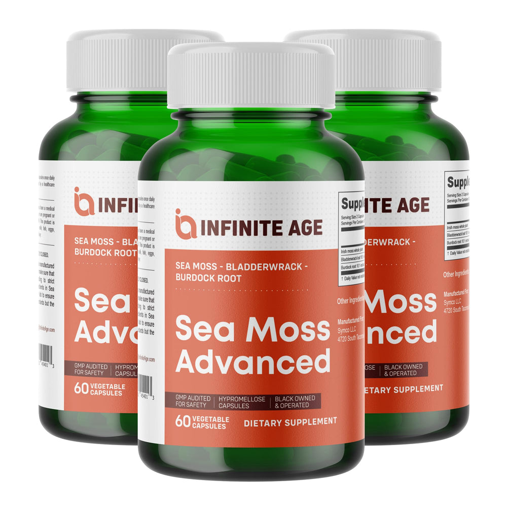 INFINITE AGE sea moss bottle front view for daily wellness support.