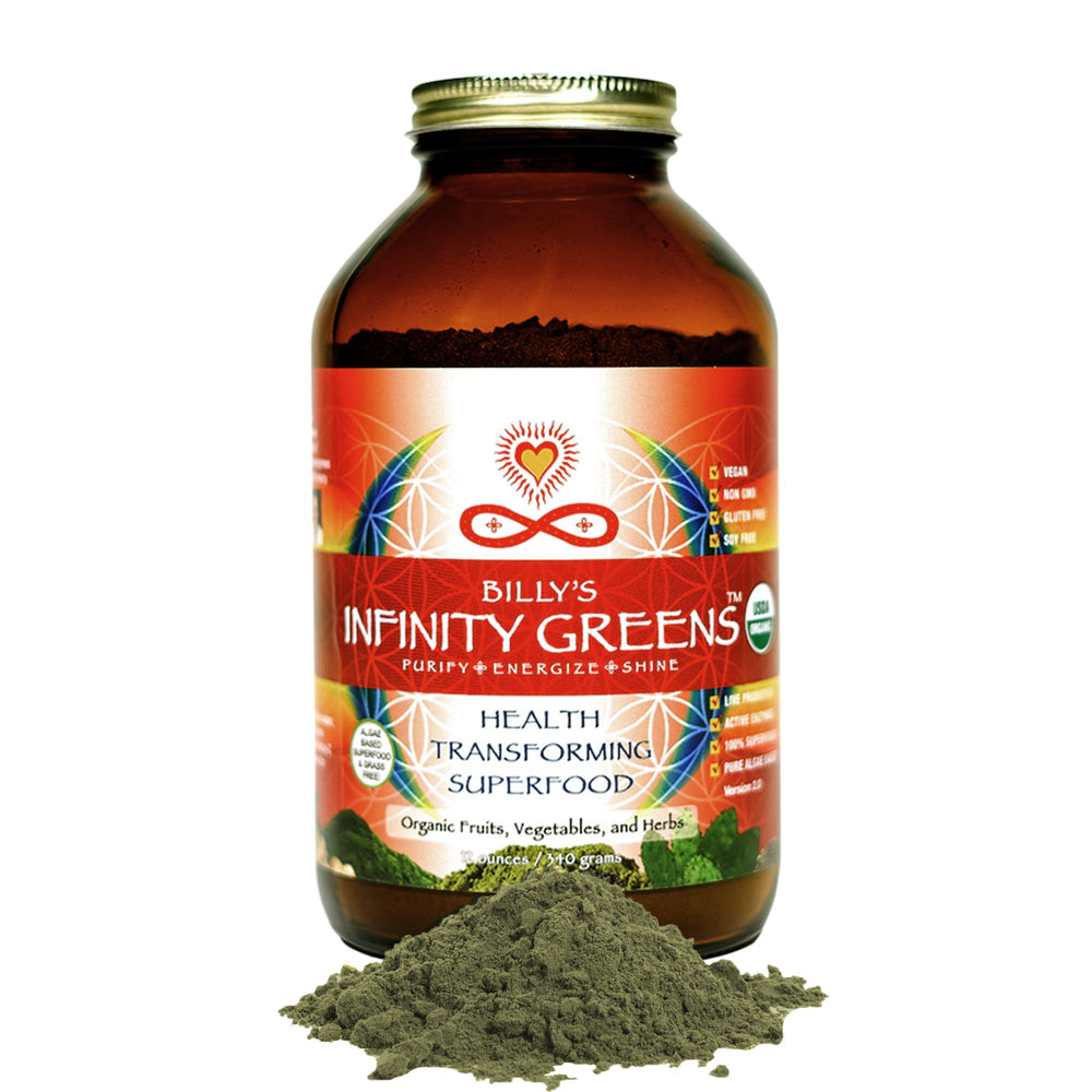 Infinity Greens amber jar label highlights a fresh, organic superfood blend.