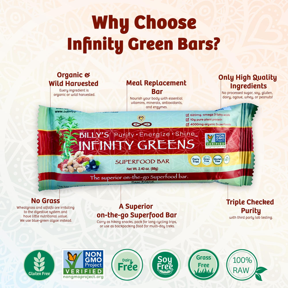 Infinity Greens bars on a hiking trail for sustained outdoor energy.