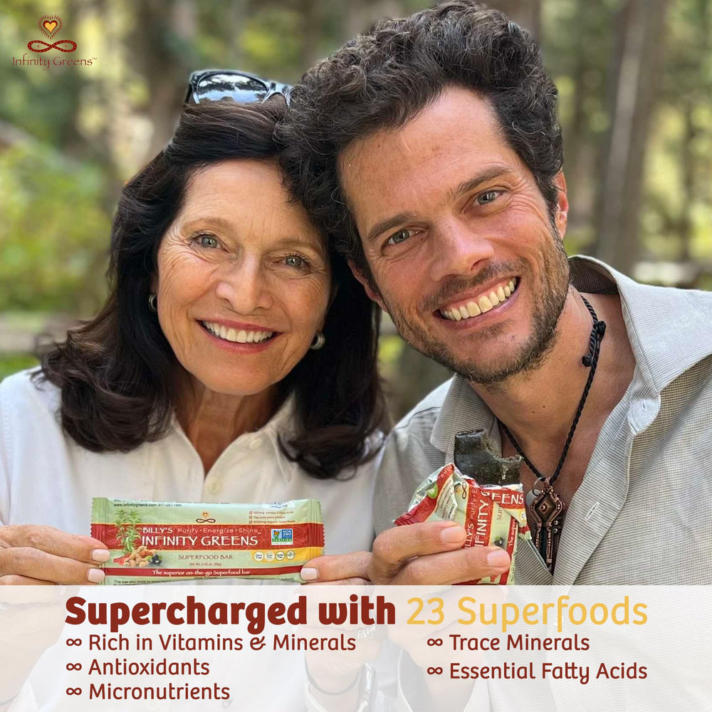Infinity Greens bars nutrition facts panel highlighting protein and fiber content.