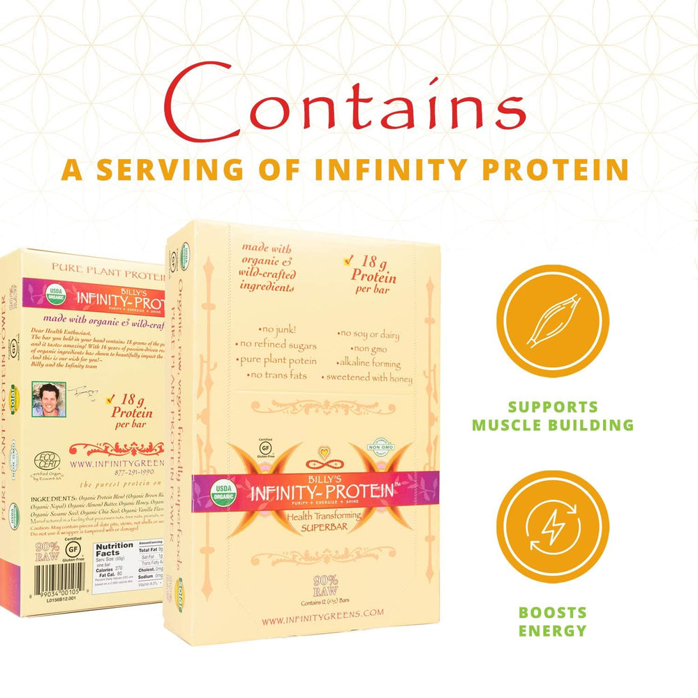 Infinity Greens Billy's Infinity bar nutrition facts show high protein per bar