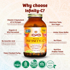 Infinity Greens Infinity-C close-up highlights Camu Camu, Acerola, Amla berries for vitamin C.