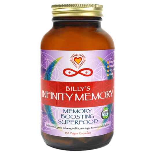 Infinity Greens Memory Focus bottle angled view for daily brain support and clarity.