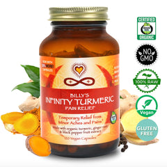 Infinity Greens turmeric capsules pouring from bottle.