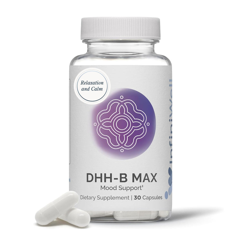 InfiniWell DHH-B Max bottle front promoting daily calm and relaxed focus.