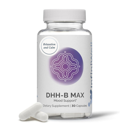 InfiniWell DHH-B Max bottle front promoting daily calm and relaxed focus.